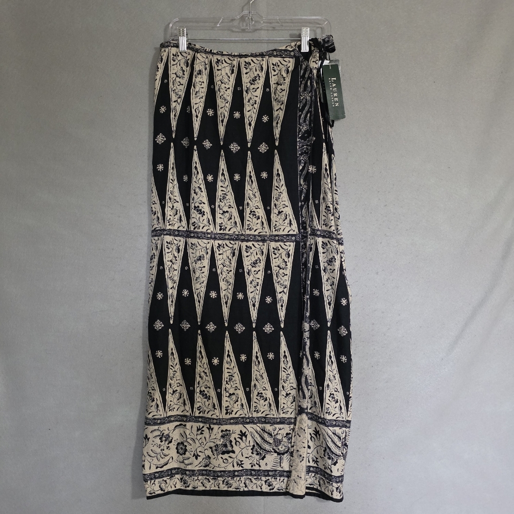 NWT Vtg Y2K Ralph Lauren 100% Linen Wrap Maxi Skirt Batik Woodblock Boho Size 10